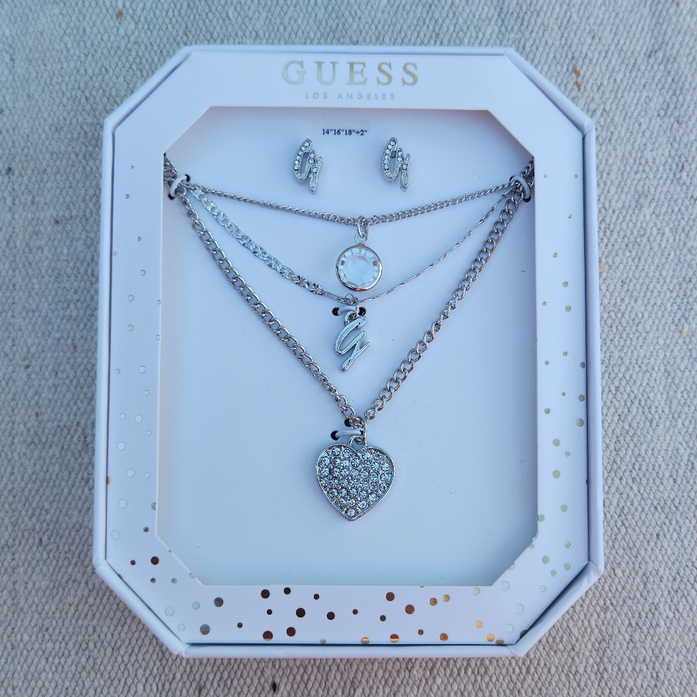 GUESS 3 Layer Charm Necklace & Earrings Set